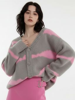 Outzidr - Women Grey Polyester Stripes Cardigan