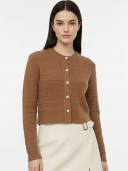 Outzidr - Women Brown Polyester Textured Cardigan