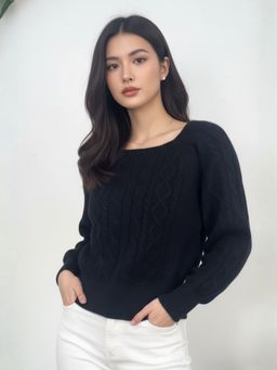 Outzidr - Women Black Polyester Textured Sweater