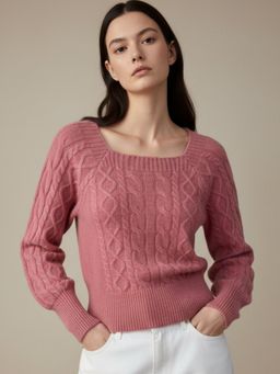 Outzidr - Women Pink Polyester Textured Sweater