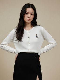 Outzidr - Women White Polyester Graphic Cardigan