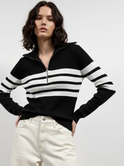 Outzidr - Women Black Polyester Stripes Sweater
