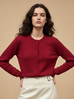 Outzidr - Women Red Polyester Solid Cardigan