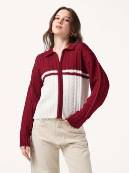 Outzidr - Women Red Acrylic Colorblock Cardigan