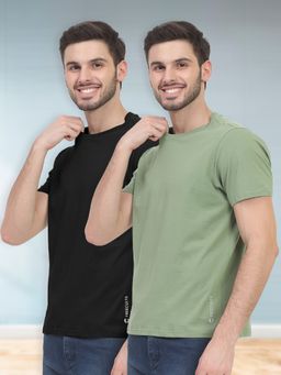 FREECULTR - Black & Green Men's Cotton Solid Crew Neck Half Sleeve T-Shirts (Set of 2)