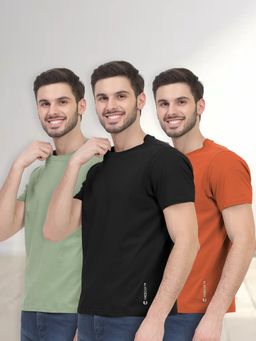 FREECULTR - Green, Black & Orange Men's Cotton Solid Crew Neck Half Sleeve T-Shirts (Set of 3)