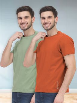 FREECULTR - Orange & Green Men's Cotton Solid Crew Neck Half Sleeve T-Shirts (Set of 2)