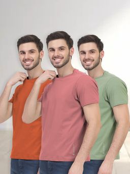 FREECULTR - Pink, Orange & Green Men's Cotton Solid Crew Neck Half Sleeve T-Shirts (Set of 3)