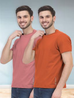 FREECULTR - Orange & Pink Men's Cotton Solid Crew Neck Half Sleeve T-Shirts (Set of 2)