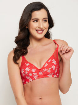 Clovia - Non-Padded Non-Wired Full Cup Snowflake Print Bra in Red - Cotton