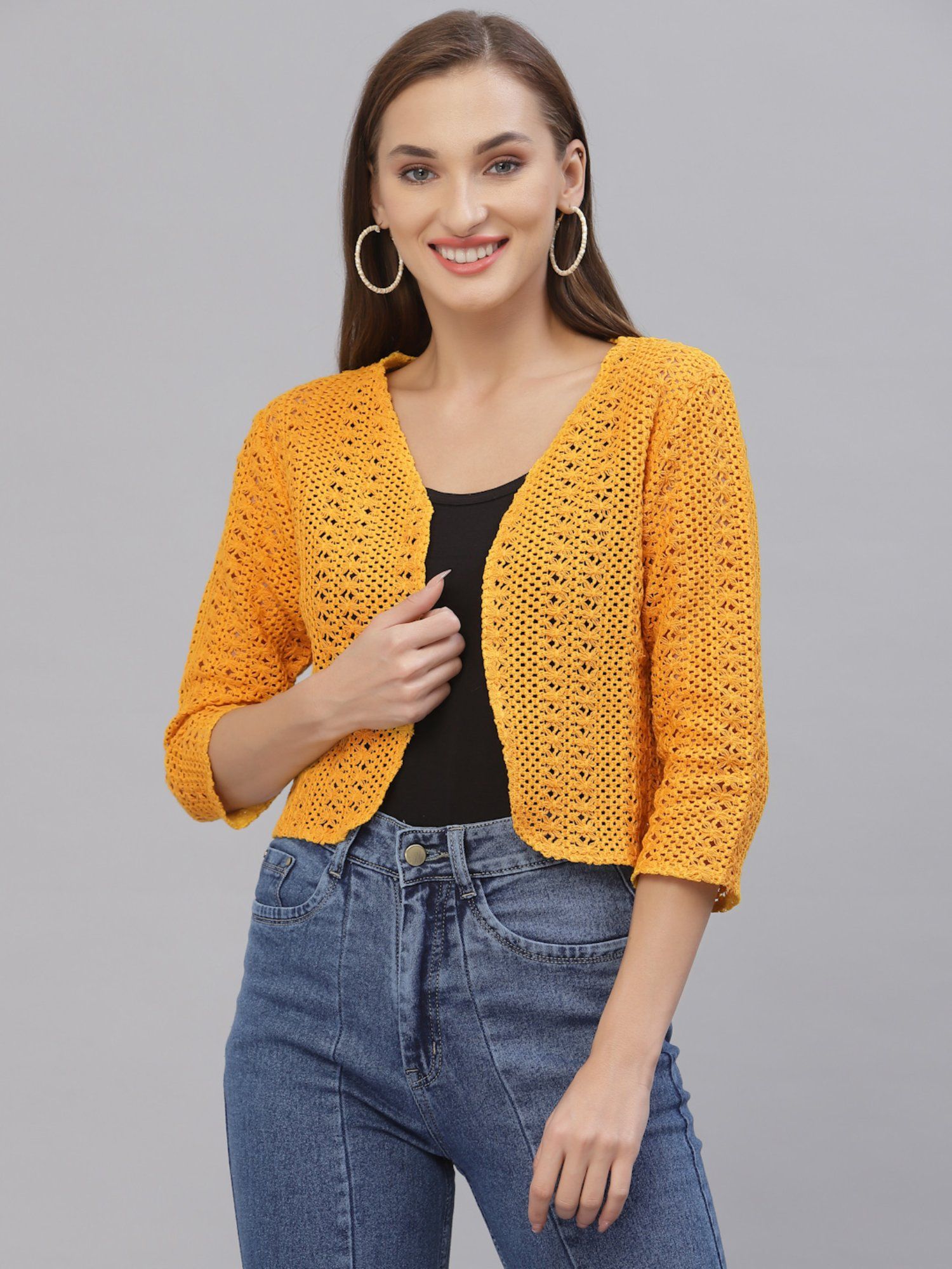 style quotient Women Mustard cotton self design lace crop open front shrug-picture-16