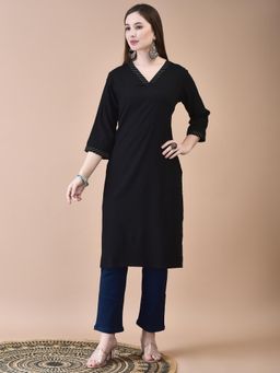 Shree - Women Lycra Viscose Black Stripes Zari Kurta