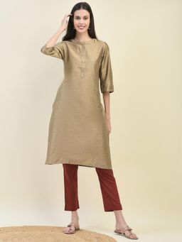 Shree - Women Poly Silk Beige Solid Kurta