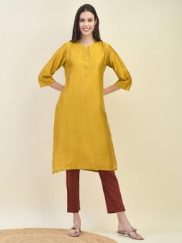Shree - Women Poly Silk Mustard Solid Kurta
