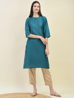 Shree - Women Poly Silk Teal Solid Kurta