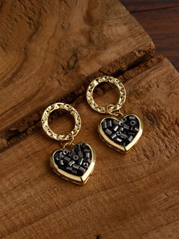 E2O - Black Stoned Heart Shaped Drop Earrings