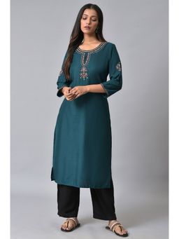 W - Blue Solid Kurta-straight Pant (Set of 2)