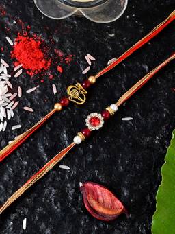 Shoshaa - Gold and Red Color Ganesha Bhai Rakhi with Roli Chawal (Set of 3)