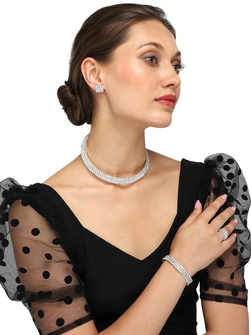 Yellow Chimes Silver Plated Sparkling Crystal Choker Necklace Set with Ring and Bracelet