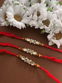 Digital Dress Room - Fancy Designer Kundan Rakhi Rudraksha Beads Red Thread Rakhee (Pack of 3)