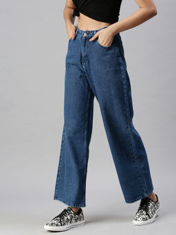 SHOWOFFFF - Women's Casual Wide Leg High-rise Navy Blue Jeans