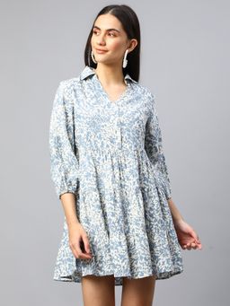 Xpose - Blue Solid Round Neck Crop Side Tie Ups Mini Dress