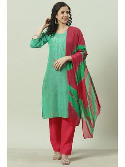 Biba - Green Silk Unstitched Suit (Set of 3)