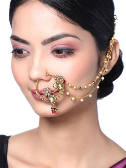 Yellow Chimes - Gold Toned Non Piercing Crystal Studded Nose Ring with Chain for Women