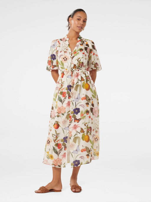 knee length dresses for ladies Livvy Strappy Linen Midi Dress Mercia Floral