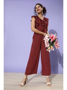 Miss Chase - Women's Light Burgundy V-Neck Sleeveless Solid Ruffled Regular Jumpsuit