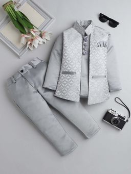 FOURFOLDS - Grey Boys Embroidered Indo Blazer and Trouser (Set of 2)