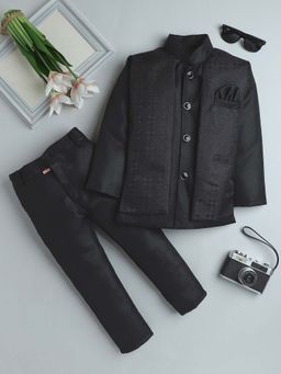 FOURFOLDS - Black Boys Embroidered Indo Blazer and Trouser (Set of 2)