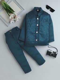 FOURFOLDS - Teal Boys Embroidered Indo Blazer and Trouser (Set of 2)