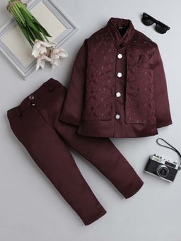 FOURFOLDS - Maroon Boys Embroidered Indo Blazer and Trouser (Set of 2)