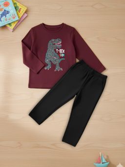 RIGO - Boys Maroon Printed Cotton T-Shirt with Pant