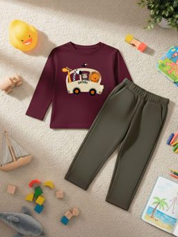 RIGO - Boys Maroon Printed Cotton T-Shirt with Pant