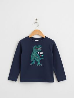 RIGO - Boys Dinosaur Print Navy Blue Regular Fit Full Sleeves Cotton Casual T-Shirt