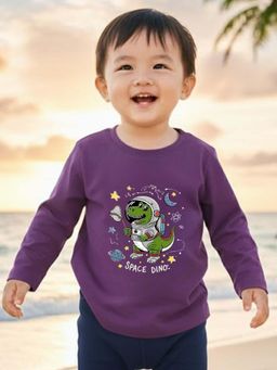 RIGO - Boys Space Dino Print Purple Regular Fit Full Sleeves Cotton Casual T-Shirt