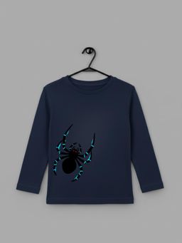 RIGO - Boys Spider Print Navy Blue Regular Fit Full Sleeves Cotton Casual T-Shirt