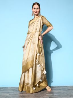 Akhilam - Womens Cotton Silk Cream Printed Celebrity Saree with Unstitched Blouse