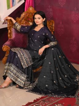Odette - Black Chinon Embroidered Stitched Kurta Pant and Dupatta for Women (Set of 3)