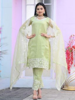 Odette - Light Green Organza Embroidered Stitched Kurta Pant and Dupatta for Women (Set of 3)