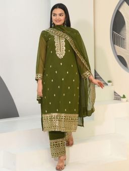 Odette - Olive Green Georgette Embroidered Stitched Kurta Pant and Dupatta for Women (Set of 3)