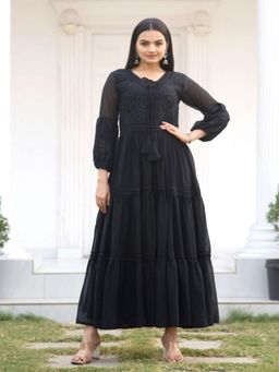 Odette - Black Georgette Embroidered Stitched Kurta Pant and Dupatta for Women (Set of 2)