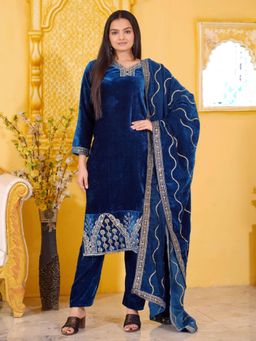 Odette - Dark Blue Velvet Embroidered Stitched Kurta Pant and Dupatta for Women (Set of 3)