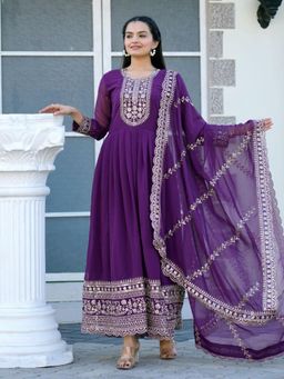 Odette - Purple Georgette Embroidered Stitched Kurta Pant and Dupatta for Women (Set of 3)