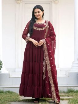 Odette - Maroon Georgette Embroidered Stitched Kurta Pant and Dupatta for Women (Set of 3)