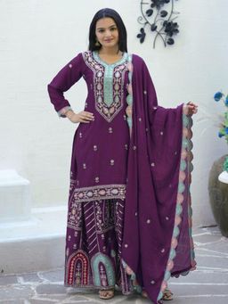 Odette - Purple Chinon Embroidered Stitched Kurta Pant and Dupatta for Women (Set of 3)