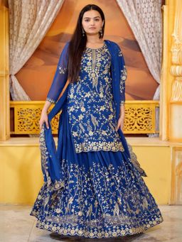 Odette - Blue Georgette Embroidered Stitched Kurta Pant and Dupatta for Women (Set of 3)