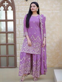 Odette - Lavender Georgette Embroidered Stitched Kurta Pant and Dupatta for Women (Set of 3)